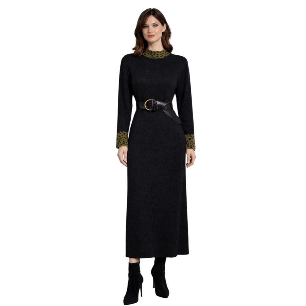 Lennie By Nina Leonard Black With Green Animal Print Long Sleeve Maxi Dress
